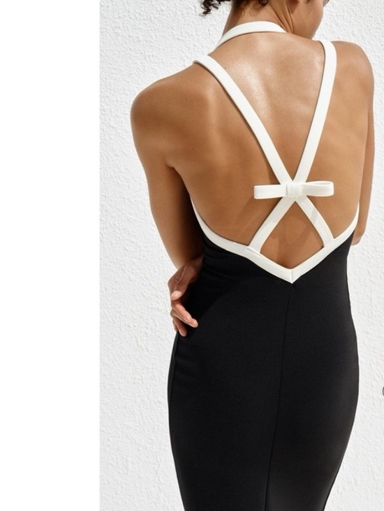 Zara Dresses & Skirts - ZARA Sculpt Fabric bow back Black Halter Dress with Contrast white Straps